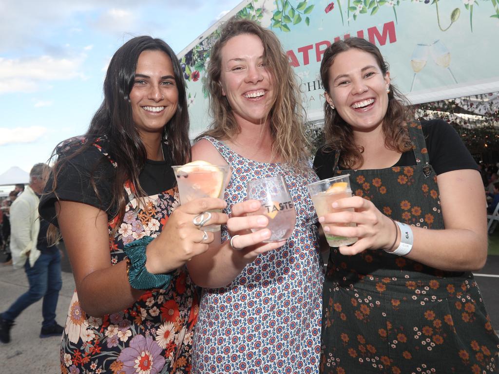 Mariah Dhar, Ashley Butler and Tayla Brown enjoying the NYE party at the 2019 Taste of Tasmania. Picture: LUKE BOWDEN