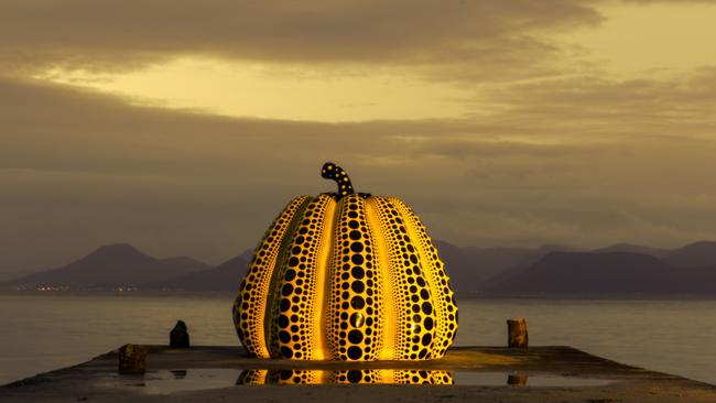 Yayoi Kusama’s yellow pumpkin installation on the island of Naoshima.