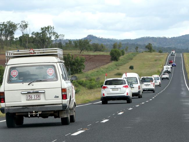 The Bob Brown led Anti Adani Convoy, heading for Clermont, on Saturday, April 27, 2019 Picture: AAP/Steve Pohlner