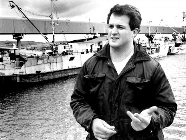 Lukin in front of the family company's tuna fishing fleet in 1985.