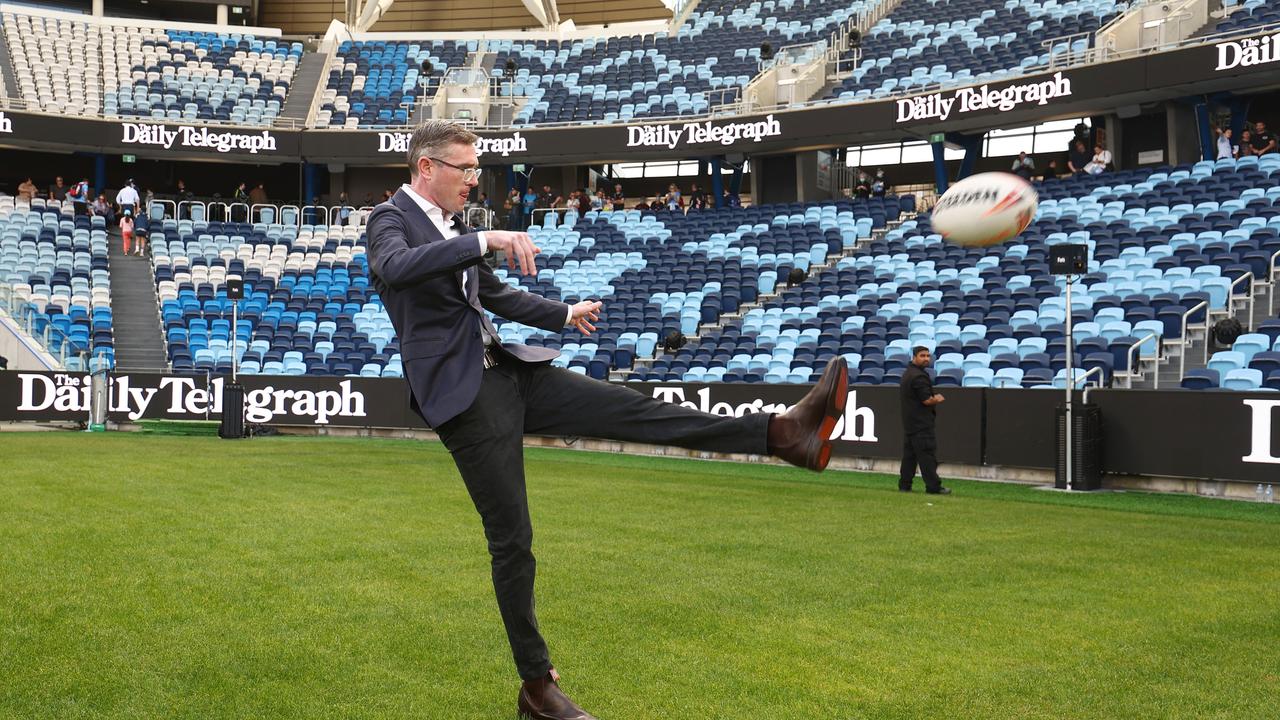 The Premier’s footy skills aren’t likely to be viewed as a threat by the NRL’s stars! Picture: Mark Metcalfe/Getty Images