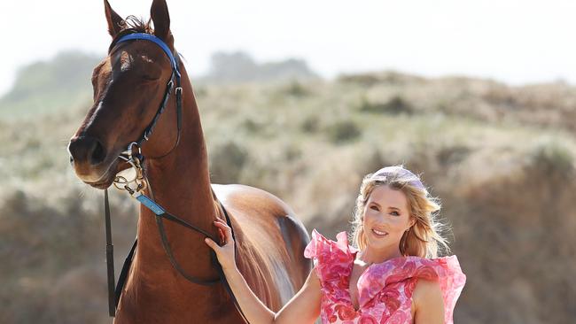 Bella Nipotina with Sky Racing’s Ally Mosley on the beach at Anna Bay. Picture: Rohan Kelly