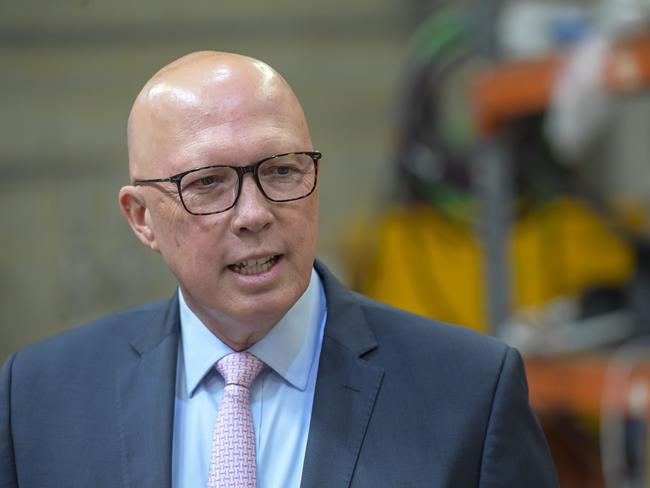 ADELAIDE, AUSTRALIA - NewsWire Photos - DECEMBER 17, 2024:  Opposition leader Peter Dutton visits a local business, Dematec Automation at Melrose Park Adelaide. Presser. Picture: NewsWire / Roy VanDerVegt