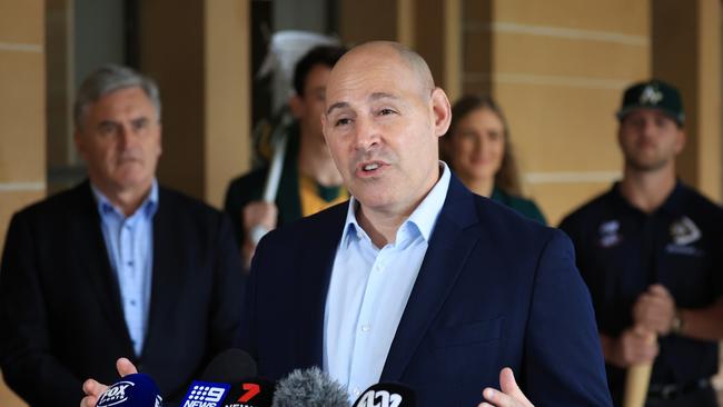 SYDNEY, AUSTRALIA – OCTOBER 17: Nick Hockley, CEO of Cricket Australia, speaks to the media on the announcement of new program sports for the Los Angeles 2028 Olympic Games during a media opportunity at Museum of Contemporary Art on October 17, 2023 in Sydney, Australia. (Photo by Mark Evans/Getty Images for the AOC)