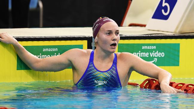 Ariarne Titmus after winning the women's 800m freestyle final on Thursday night. Picture: Mark Brake/Getty Images