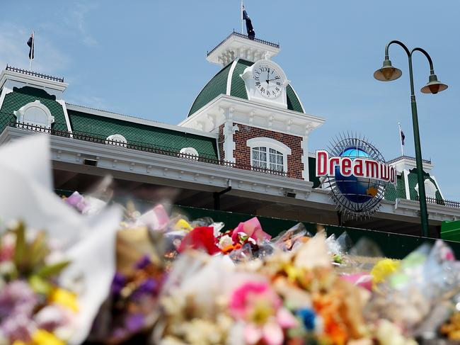 Flowers at a memorial outside the Dreamworld entrance in 2016. Picture: Chris Hyde/Getty