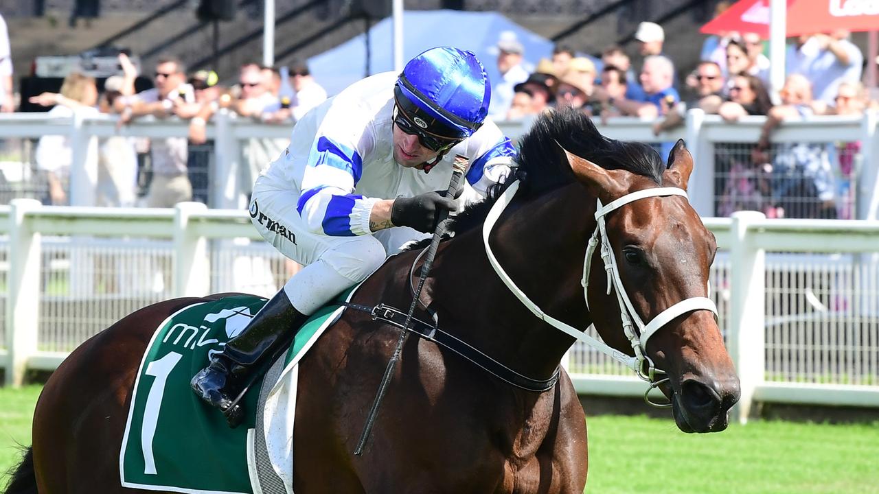 Supplied Editorial Jimmy Orman boots home the Chris Waller-trained Kovalica to win the
  Group 3 Grand Prix Stakes at Eagle Farm. Picture: Grant Peters - Trackside Photography.
