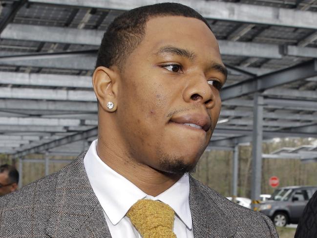 FILE - In this May 1, 2014, file photo, Baltimore Ravens football player Ray Rice holds hands with his wife, Janay, as they arrive at Atlantic County Criminal Courthouse in Mays Landing, N.J. The offender-rehabilitation program that former Raven Rice entered after knocking Janay unconscious in an Atlantic City elevator is rarely used in domestic assault cases. (AP Photo/Mel Evans, File)