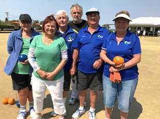 Mary Galloway, Pam Walker, David Harvey, Angus Walker, Bungy and Joy Williams on the green. Picture: Jessica McGrath