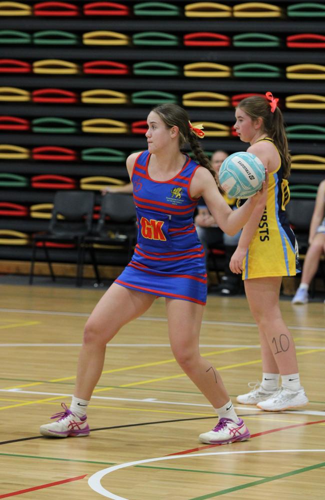 Netball action at QISSN 2024 held in Townsville. St Columbans College v Downlands College