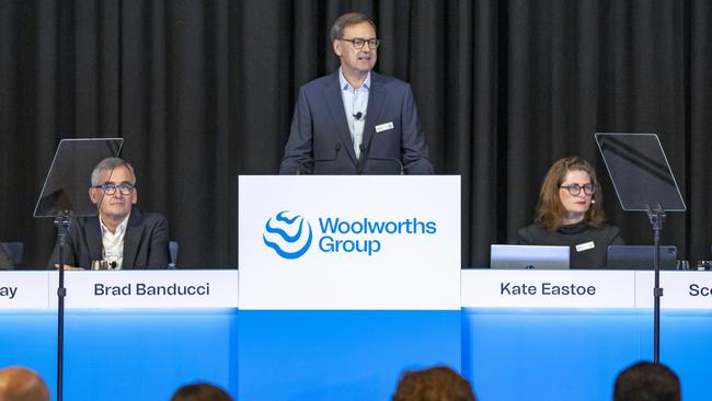 Woolworths CEO Brad Banducci, left, and chairman Scott Perkins, centre, at the retailer’s AGM last month. Picture: Dallas Kilponen