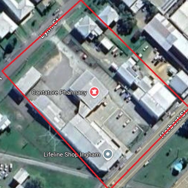 The proposed new site for an expanded Moduline factory, which encompasses Cantatore Guardian Pharmacy, signage-services company Significant Signs, Lifeline Shop Ingham and the Salvation Army, including its Townsville storage facility, and a residential property on Lynn St, Ingham.