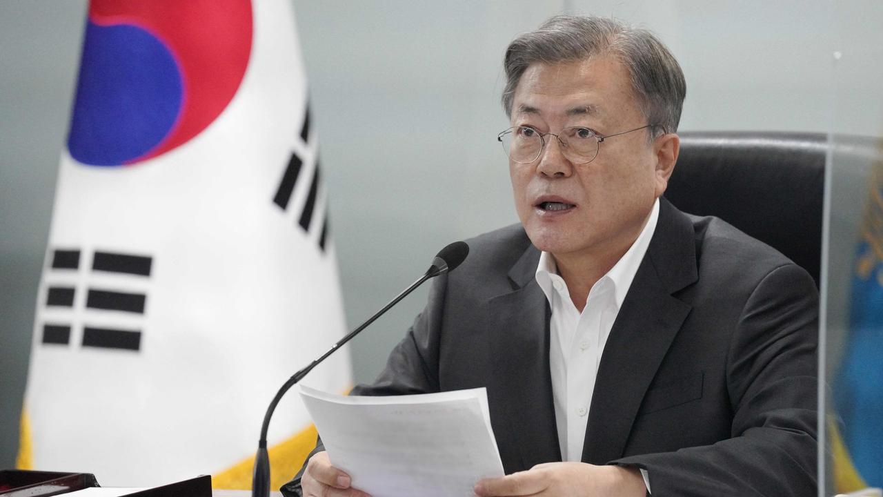 South Korea's President Moon Jae-in presiding over an emergency meeting of the National Security Council at the presidential office in Seoul after North Korea fired a suspected ballistic missile. Picture: The Blue House / AFP