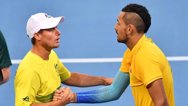 Lleyton Hewitt and Nick Kyrgios during Davis Cup action. Picture: AAP