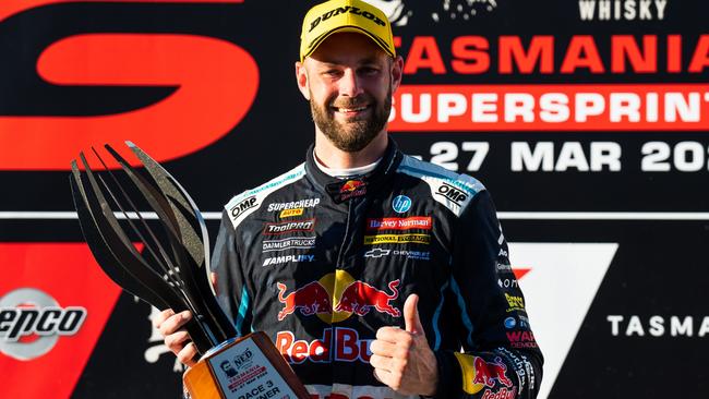 Van Gisbergen celebrates his hard-fought win in Tasmania. Picture: Getty Images