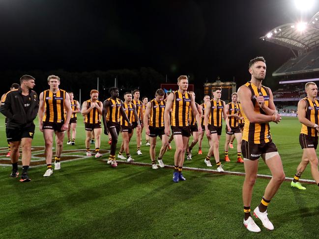 ADELAIDE, AUSTRALIA - AUGUST 27: The Hawks after their loss during the 2020 AFL Round 14 match between the Hawthorn Hawks and the Essendon Bombers at Adelaide Oval on August 27, 2020 in Adelaide, Australia. (Photo by James Elsby/AFL Photos via Getty Images)