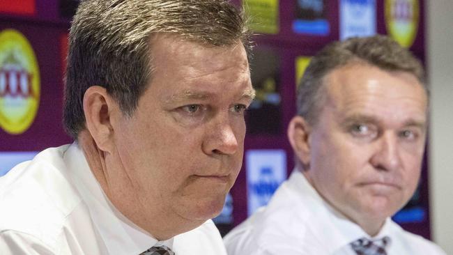 Broncos chairman Karl Morris, pictured with CEO Paul White, was at odds with Wayne Bennett. Picture: Glenn Hunt