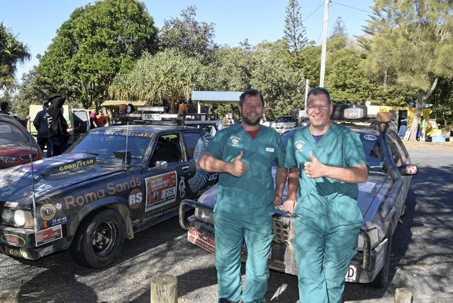 THUMBS UP: The Dirty Doctors, otherwise known as Nigel Lomas and Peter Brady, at the finish line of the Great Endeavour Rally in Yamba. Picture: Jarrard Potter