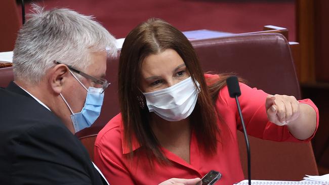 Senators Rex Patrick and Jacqui Lambie in the Senate Chamber after a late night in the House of Representatives with the government's religious discrimination bill. Picture: NCA Newswire/Gary Ramage