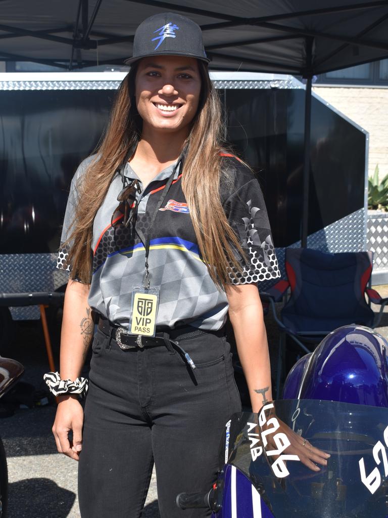 Drag racer Vanessa Rohdmann, who gets up to speeds of 270km/h at Palmyra Dragway, with her bike at Big Boys Toys Expo at Mackay Showgrounds 2021. Photo: Janessa Ekert and Tara Miko