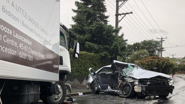 A crash involving a truck and sedan at the corner of Penquite Rd and Wentworth St in Launceston. Picture: Patrick Gee