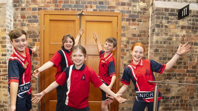 Rangeville State School students (from left) Rex Corum, Theo Law, Sally Lindenmayer, Cooper Clarke and Elara Walker on day two of Sing Out 2024 at The Empire, Wednesday, June 5, 2024. Picture: Kevin Farmer