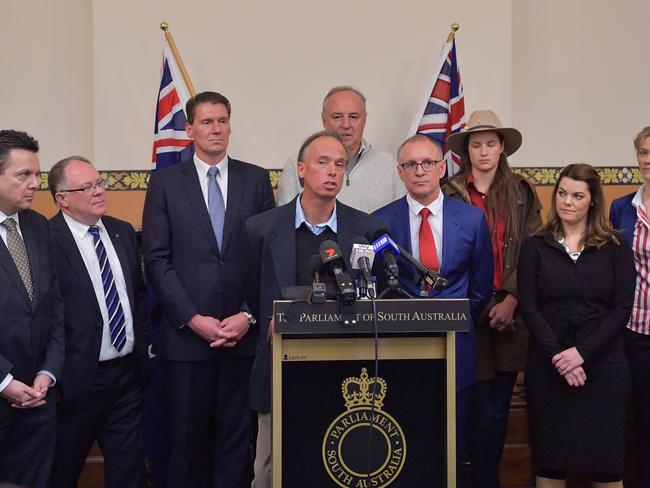 SA irrigator Sam Dodd (at lectern left), SA Premier Jay Weatherill (at lectern right), along with Senator Penny Wong, Senator Nick Xenophon, Senator Cory Bernadi, Senator Sarah Hanson-Young and SA water minister Ian Hunter demanding a judicial review into water use in the Murray Darling Basin in July. Picture: AAP