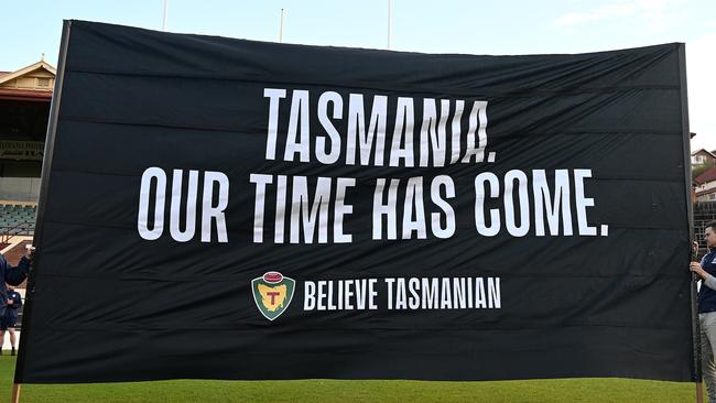 HOBART, AUSTRALIA - MAY 03: Believe Tasmania sign is seen during an AFL media opportunity to announce the commitment to establishing a 19th AFL team, in Tasmania, at North Hobart Oval on May 03, 2023 in Hobart, Australia. (Photo by Steve Bell/Getty Images)