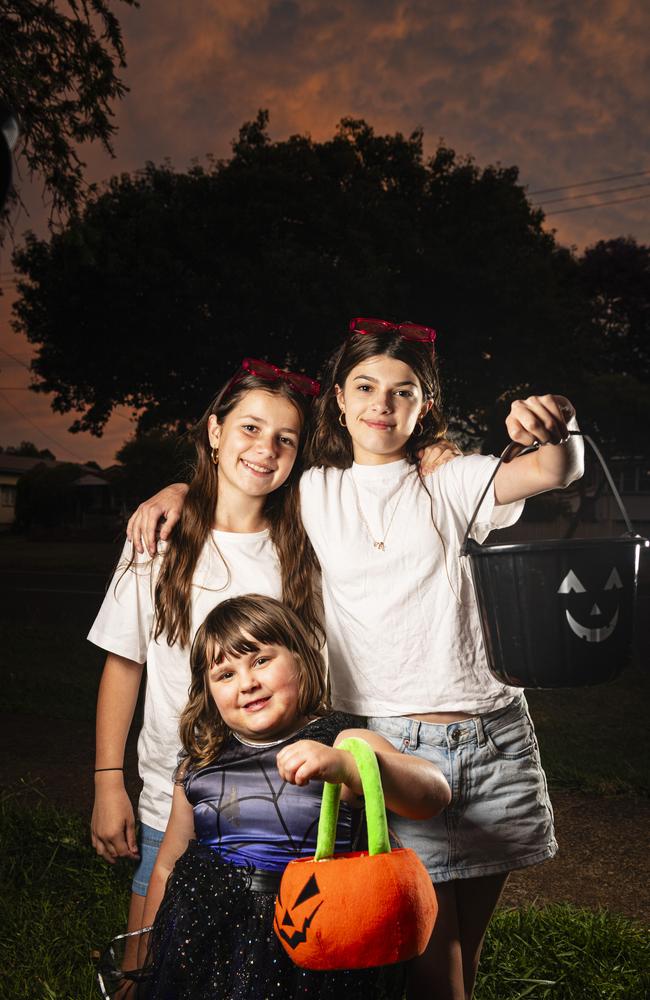 Celebrating Halloween are (from left) Charlotte Collins, Grace Leslie and Ellyssia Leslie, Thursday, October 31, 2024. Picture: Kevin Farmer