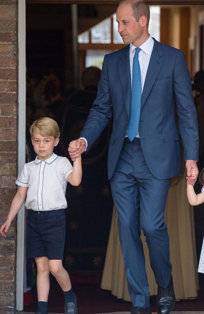 Prince George attends the Christening of Prince Louis with his father, Prince William, Duke of Cambridge. Picture: Dominic Lipinski/WPA/MEGA