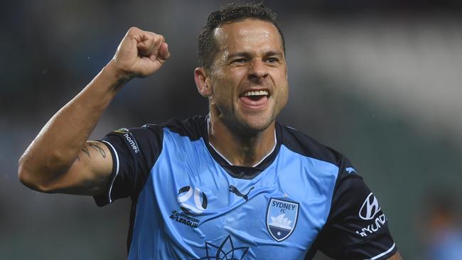 Sydney FC striker Bobo celebrates scoring against the Newcastle Jets on Saturday night.