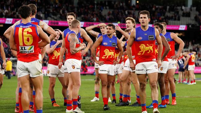 MELBOURNE, AUSTRALIA - JUNE 23: Callum Ah Chee of the Lions looks dejected after a loss during the 2022 AFL Round 15 match between the Melbourne Demons and the Brisbane Lions at the Melbourne Cricket Ground on June 23, 2022 in Melbourne, Australia. (Photo by Dylan Burns/AFL Photos via Getty Images)