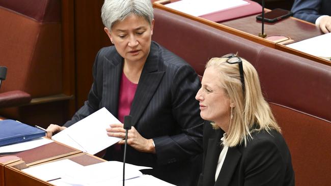 Senator Penny Wong and Senator Katy Gallagher in the Senate on Thursday. Picture: NewsWire / Martin Ollman