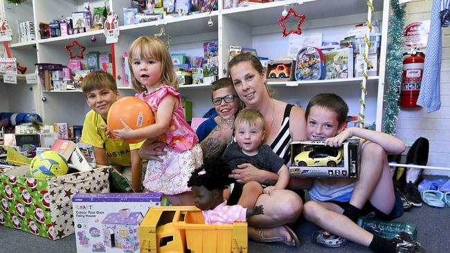 Single mother of five Samantha with her children at Uniting SA's toy room at Port Adelaide. Picture: Mark Brake