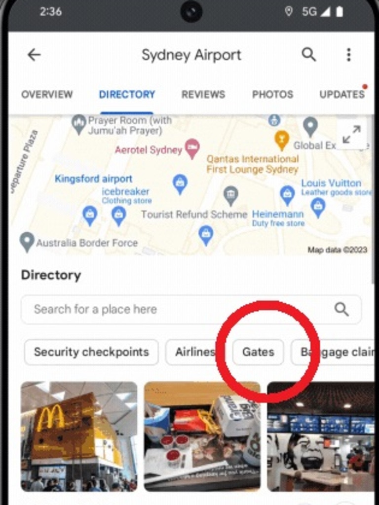 For example, if you need to find your gate. You select the ‘gates’ tab in the feature on Google Maps.