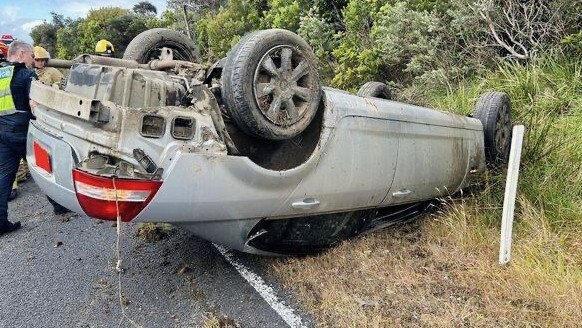 A male driver has been taken to Bass Coast Health after losing control of his vehicle which rolled multiple times on Cape Paterson-Inverloch Rd in Inverloch on Tuesday afternoon. Picture: Facebook