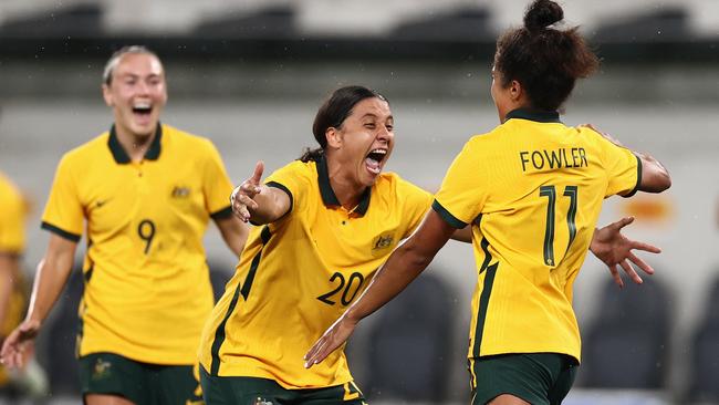 Sam Kerr celebrates her goal with Mary Fowler. Picture: Cameron Spencer/Getty Images