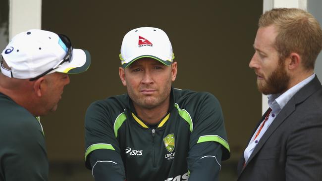 Gavin Dovey, with former Australian cricket coach Darren Lehmann and captain Michael Clarke, was team manager for more than a decade. Picture: Ryan Pierse/Getty Images.