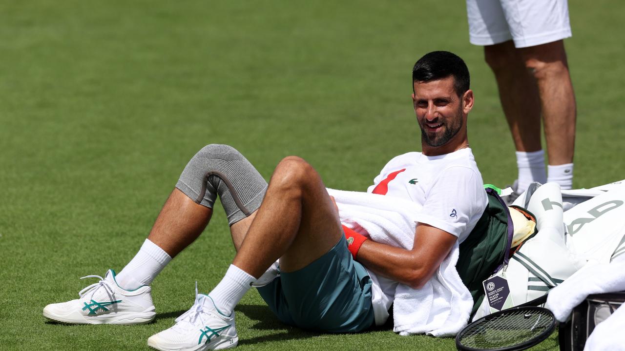LONDON, ENGLAND - JUNE 29: Novak Djokovic of Serbia reacts during practice prior to The Championships Wimbledon 2024 at All England Lawn Tennis and Croquet Club on June 29, 2024 in London, England. (Photo by Clive Brunskill/Getty Images)
