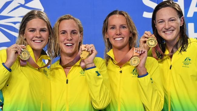 Shayna Jack (l to r) Bronte Campbell, Emma McKeon and Cate Campbell at the Commonwealth Games on the Gold Coast last year. Picture: Darren England