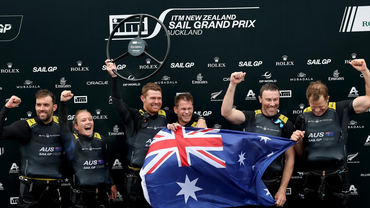 Team Australia celebrate winning Sail GP Auckland. (Photo by Phil Walter/Getty Images)