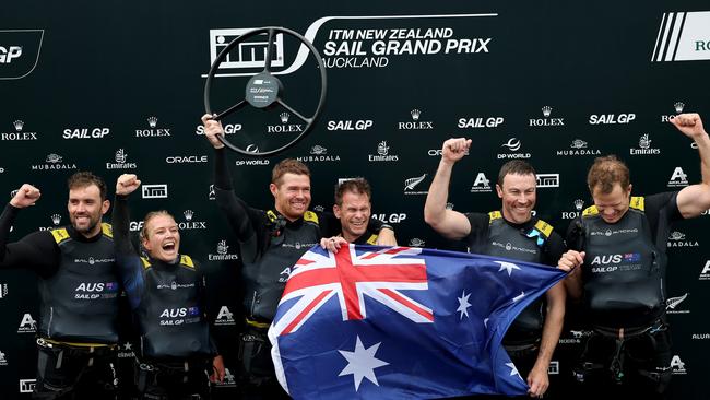 Team Australia celebrate winning Sail GP Auckland. (Photo by Phil Walter/Getty Images)