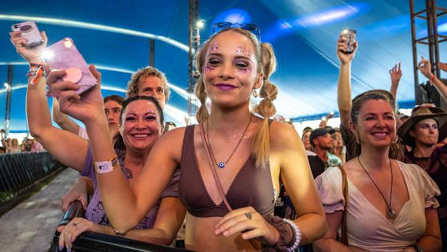 Happy music fans against the front-of-stage barrier at Bluesfest on April 15, 2022. Picture: Joseph Mayers