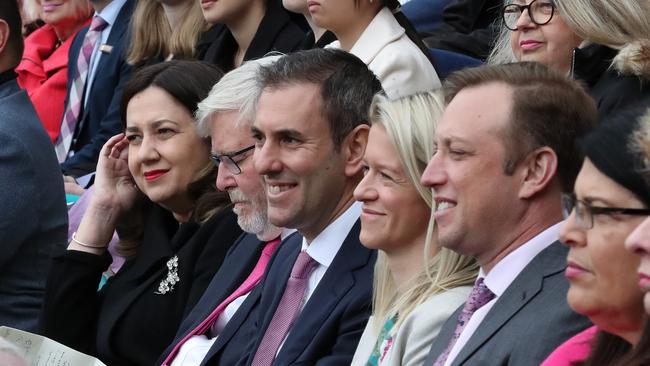 Annastacia Palaszczuk, Kevin Rudd, Jim Chalmers with wife Laura, Steven Miles and Grace Grace watch on. Picture: Liam Kidston