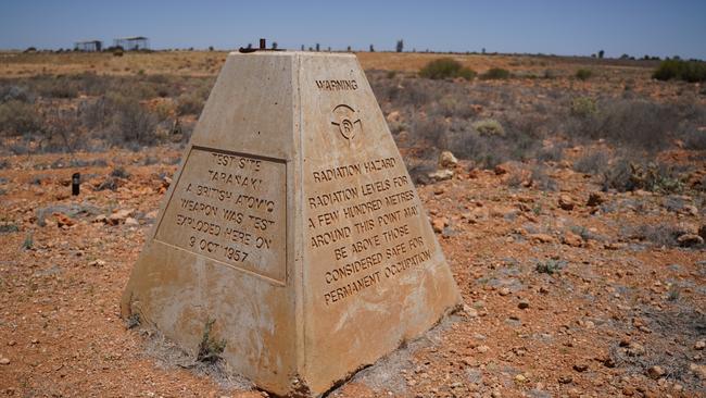 A monument – and warning – for anyone visiting the Maralinga nuclear weapon test site. Picture: Max Mackinnon