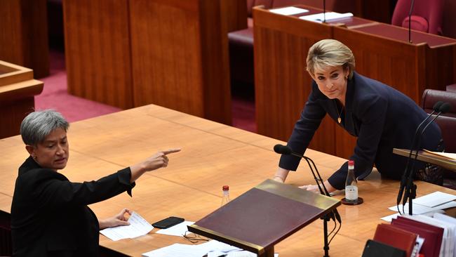 Senator Penny Wong and Senator Michaelia Cash during debate of the Fair Work Amendment Bill 2021. Picture: Getty