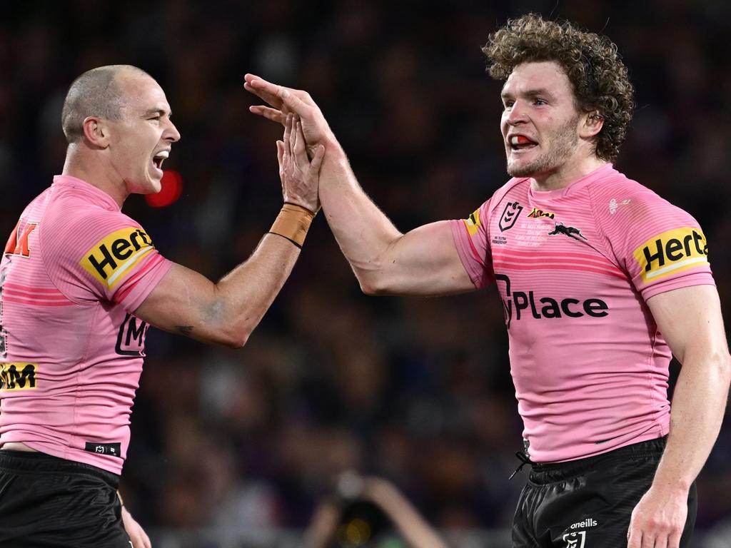 Liam Martin celebrates scoring a try with Panthers teammate Dylan Edwards. Picture: Getty Images