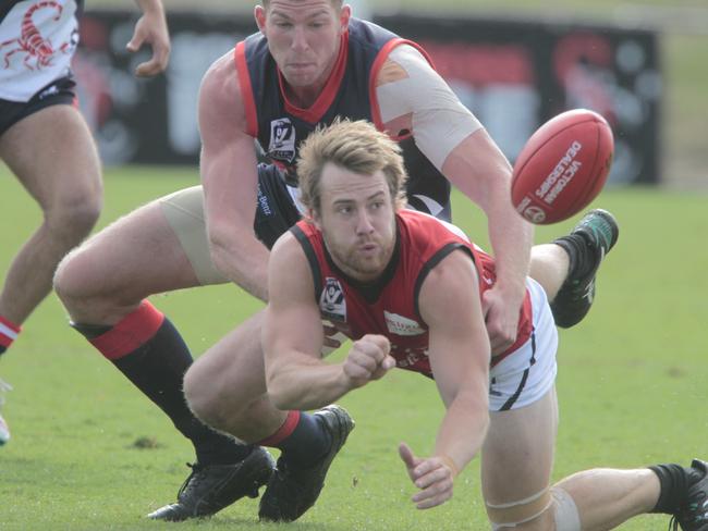 VFLCasey Scorpions v Frankston at Caey Fields Cranbourne.Jake Spencer for Casey Scorpions and Shane Hockey for FrankstonPicture: Richard Serong