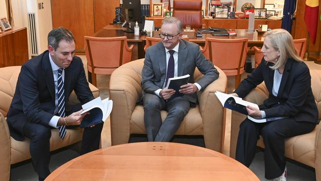 Treasurer Jim Chalmers, Prime Minister Anthony Albanese and Finance Minister Katy Gallagher with the 2024-25 budget papers on Monday. Picture: NCA NewsWire / Martin Ollman