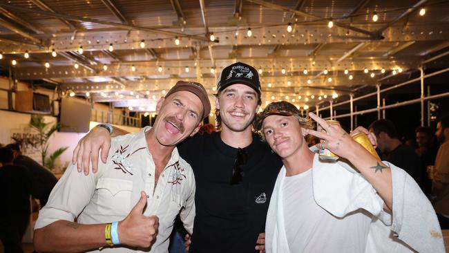 Vaughan Blakey, Hamish Madden and Jiva Fletcher at the WSL Gold Coast Pro 2025 after party at Burleigh Pavilion for Gold Coast at Large. Picture, Portia Large.